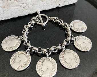 Chunky Silver Bracelet, Large Rolo Clasp Bracelet, Silver Toggle Clasp Bracelet, womens gift, Coin bracelet