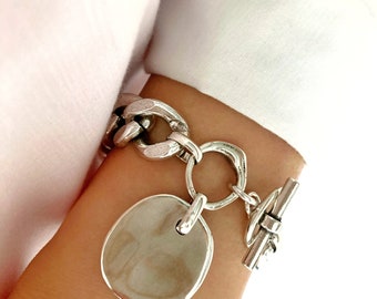 Antique Silver Heavy chain Statement Chunky bracelet, Personalized Coin bracelet, Womens gift, Gift for sister