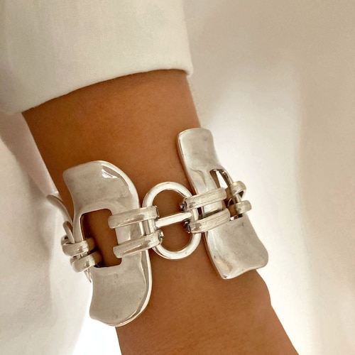 Antique Silver Link Wrap Chunky Silver  bracelet,Silver  Statement Big Bracelet, Silver Large Cuff Bracelet, Big Brutalist bracelet