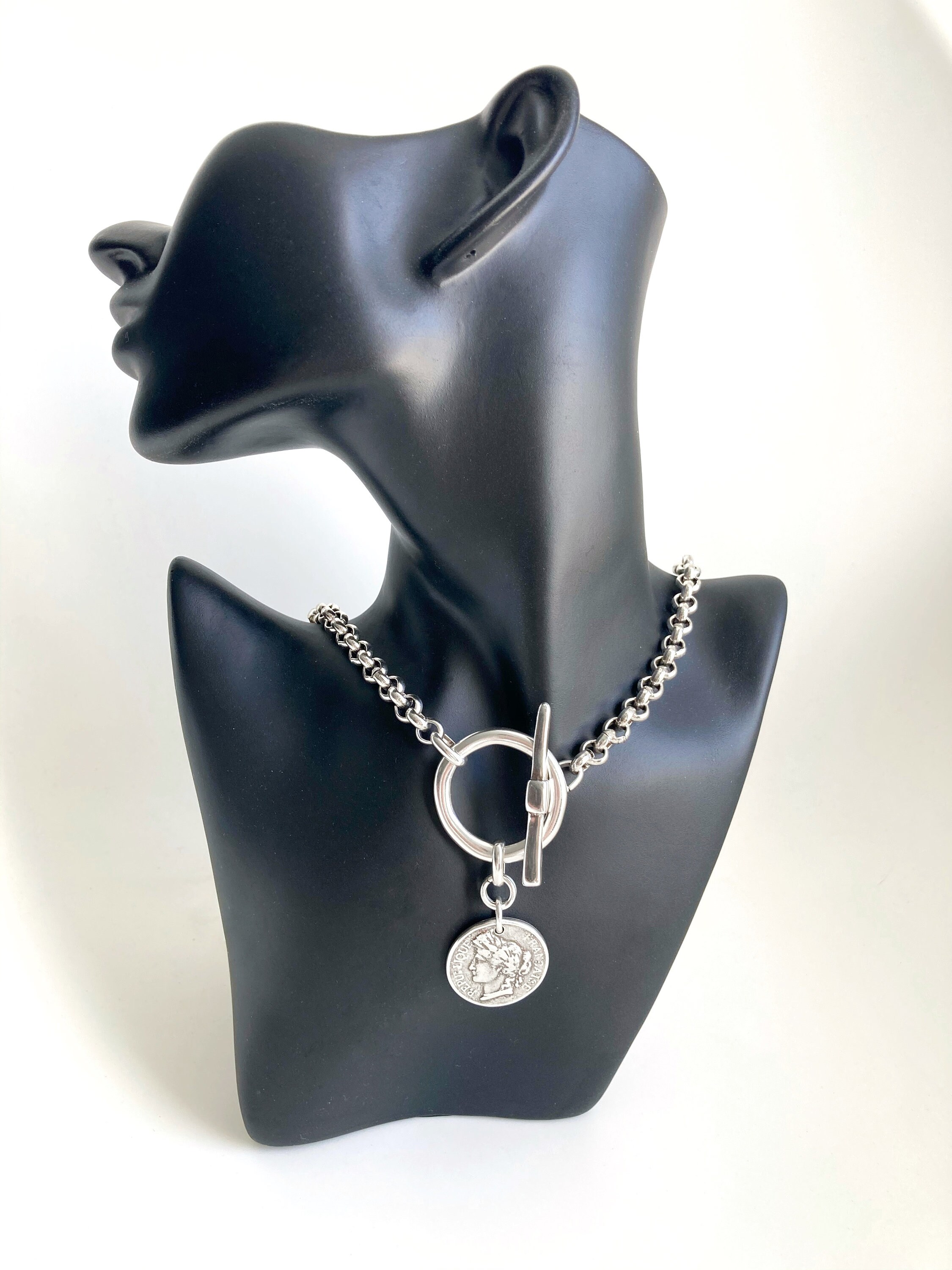 Antique Silver Pendant Coin Long Chain Necklace, Silver