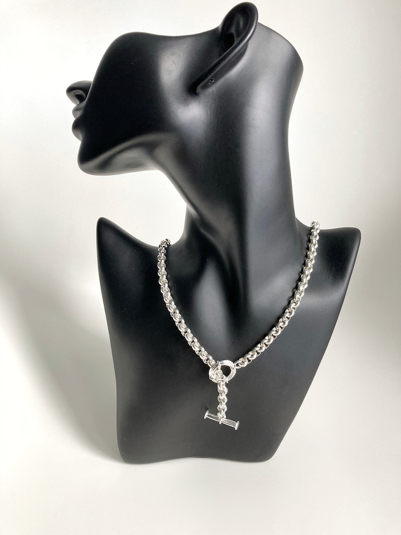 Silver Necklace, Chunky Rolo Chain Necklace, Silver Toggle Clasp Necklace, Lariat necklace, T necklace, Gift for her image 3