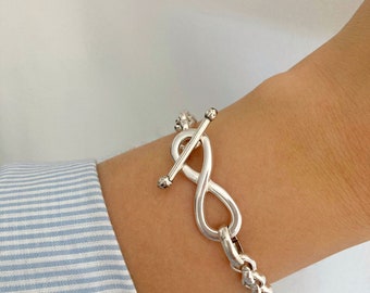 Pulsera de plata, pulsera de cadena Rolo gruesa, pulsera de cierre de palanca de plata, regalo para mujer, pulsera Infinity