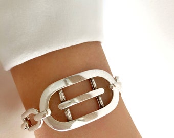 Antique Silver Statement Chunky Link Bracelet, Geometric Boho bracelet, Gift for her