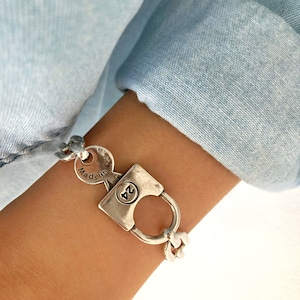 Antique Silver Padlock Link Bracelet, Chunky Silver Statement Bracelet, Womens jewelry, Gift for her