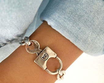 Antique Silver Padlock Link Bracelet, Chunky Silver Statement Bracelet, Womens jewelry, Gift for her