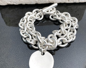 Silver Chain Bracelet, Silver chunky bracelet, Heavy MultiChain  Coin Medal Bracelet, Statement Silver Bracelet,Charm Bracelet,Gift for her
