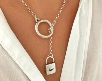 Silver necklace, Y necklace, Lock necklace, Love necklace, Silver necklace chain