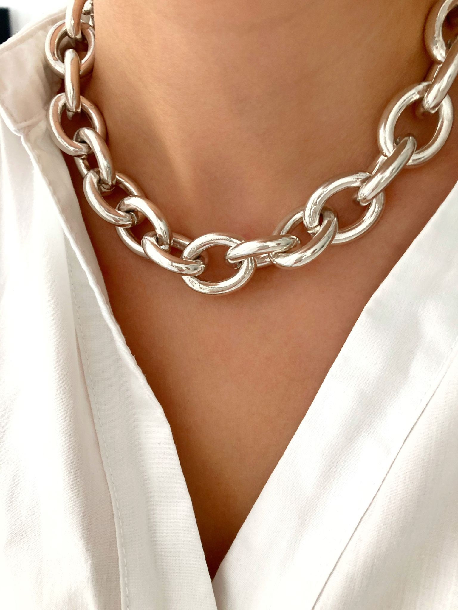 Silver Large Lightweight Statement Chunky Curb Chain Necklace