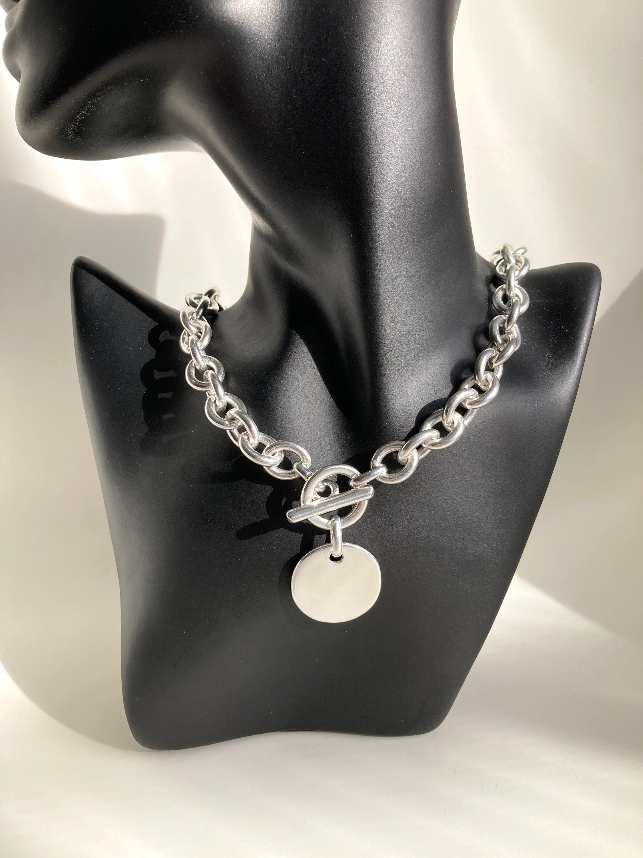 Silver Large Heavy Chain Coin Medal Necklace, Silver