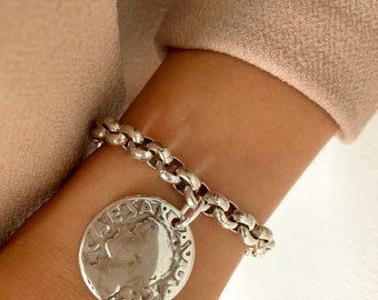 Silver Bracelet, Silver Statement Medal Bracelet, Silver Coin Bracelet, Boho bracelet, Gift for her