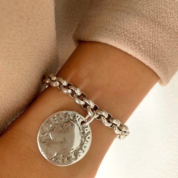 Chunky Silver Bracelet, Statement Medal Bracelet, Silver Coin Bracelet, Boho bracelet, Gift for her