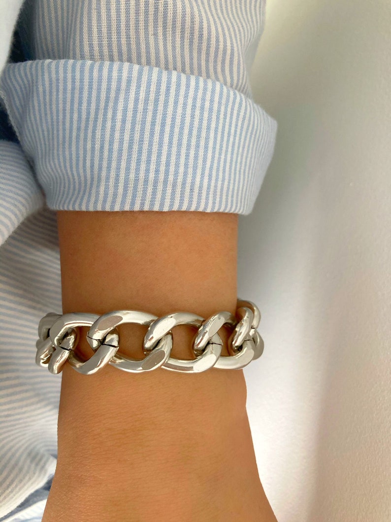 Bracciale in argento antico, bracciale in argento, bracciale a maglie grandi, bracciale in argento, bracciale leggero in argento grosso, bracciale con monete immagine 2