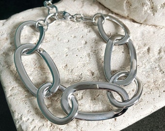 Bracciale in argento, bracciale di tendenza, bracciale in acciaio inossidabile, elegante bracciale in argento, bracciale a maglie grandi, grosso bracciale in argento