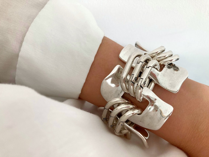 Antiek zilver zware armband, zilveren armband, grote massieve dikke armband, zilveren link manchetarmband, statement armband, cadeau voor haar afbeelding 1
