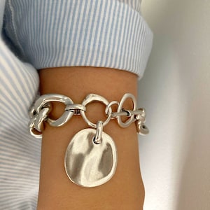 Antique Silver Bracelet, Silver Bracelet, Large Link Bracelet, Silver Statement Bracelet, Chunky Silver Lightweight Bracelet, Coin bracelet