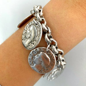 Silver Chunky Personalized Charm Bracelet, Silver Coin Medal Bracelet, womens gift, Gift for wife