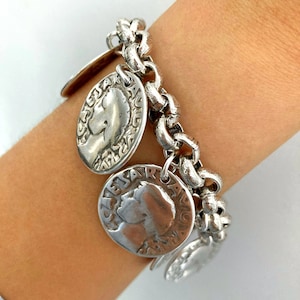 Antique Silver Chunky Personalized Charm Bracelet, Silver Coin Medal Bracelet, womens gift, Gift for wife