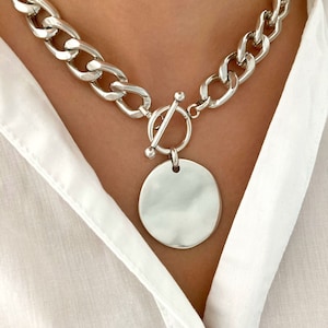 Silver Large Choker Chunky Heavy Curb chain necklace, Personalized silver necklace, birthday gift for her