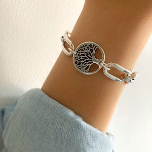 Silver Lightweight Bracelet, Tree of life Silver Bracelet, Link Bracelet, Silver Toggle Bracelet, Chunky Silver Bracelet, Gift for her