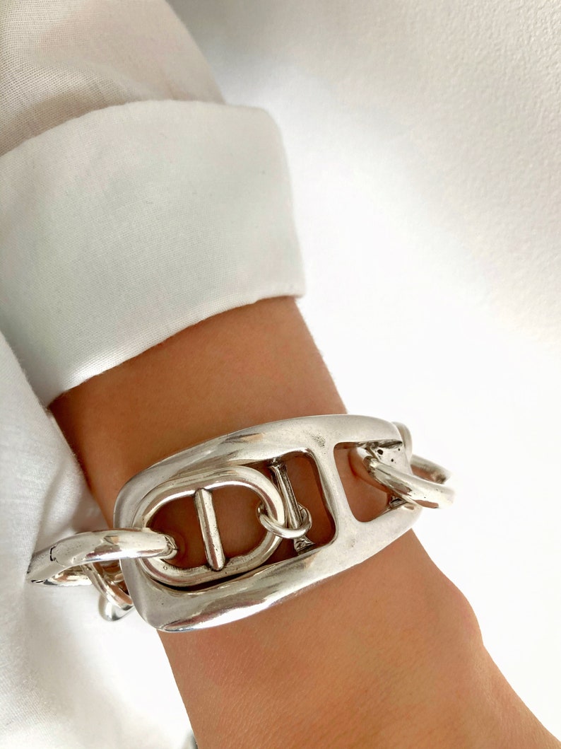 Antique Silver Chunky Personalized bracelet, Silver Wrap Statement Brutalist Bracelet, Link Bracelet, Silver Bold Bracelet, Gift for her image 5