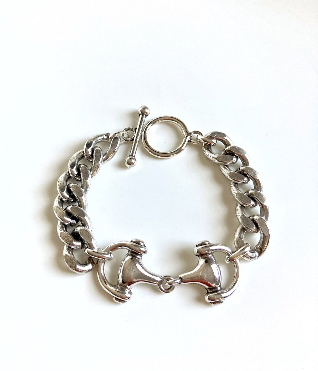 ヴィンテージ！Silver Wavy Curve ブレスレット Antique Silver Chunky Heavy Bracelet, Statement Curb Chain