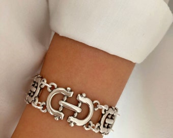 Antieke zilveren schakelarmband, zilveren dikke armband, brede dikke minimalistische armband, damessieraden