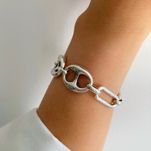 Antieke zilveren armband, zilveren schakelarmband, zilveren koffieboonarmband, dikke zilveren armband, damescadeau, ovale armband