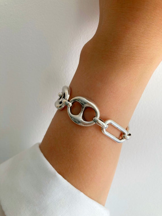 Antique Silver Bracelet, Silver Link Bracelet, Silver Coffee Bean
