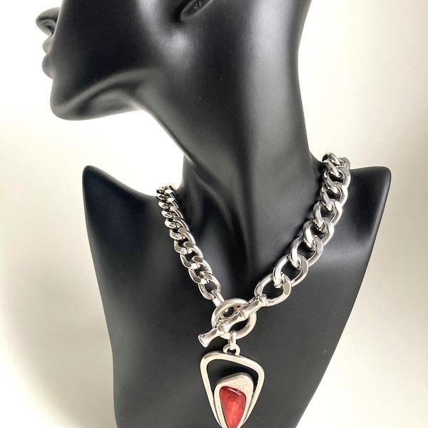 Silver necklace, Silver Red Lightweight Chain Necklace, Brutalist necklace, Silver statement necklace,  Silver charm necklace,Rock necklace,