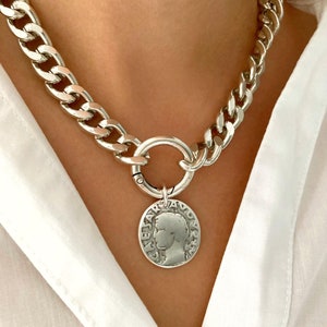 Gargantilla de cadena gruesa de plata, collar con dije de moneda, cadena gruesa de plata, joyería para mujer