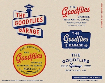 5 Kit di branding per modelli di logo modificabili per officina, personalizzazione e riparazione di motociclette, modelli personalizzati e badge vintage.