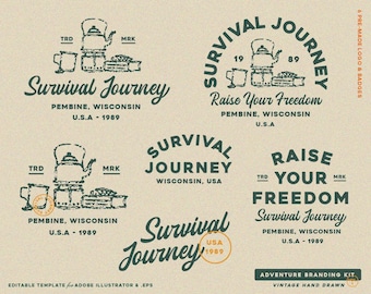 6 Hand Drawn Adventure, Outdoor, Mountain, Vintage Badge Editable Logo Design Template Branding Kit