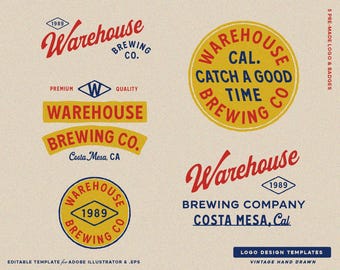 5 Birrificio, negozio di birra, birrificio, modello di logo modificabile con badge vintage, kit di branding