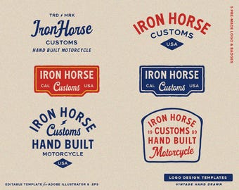 6 Kit di branding per modelli di logo modificabili per officina motociclistica, personalizzazione e riparazione di motociclette, modelli personalizzati e badge vintage.