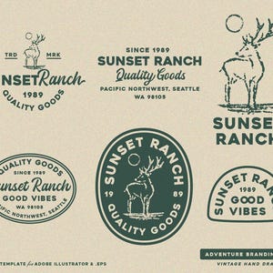 May include: A selection of green and white vintage logos and badges on a beige backdrop. The designs include a deer silhouette, the words "Sunset Ranch," and phrases such as "Quality Goods" and "Good Vibes." The logos are part of an adventure branding kit.