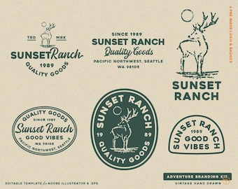 6 Hand Drawn Adventure, Outdoor, Mountain, Vintage Badge Editable Logo Design Template Branding Kit