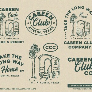 Może przedstawiać: Zestaw logo i odznak w stylu vintage w kolorze ciemnozielonym, z ilustracjami wozu krytego, drzew i tekstu. Tekst zawiera "CABEEN Club Co.", "Austin, Texas" i "Take the Long Way Home".