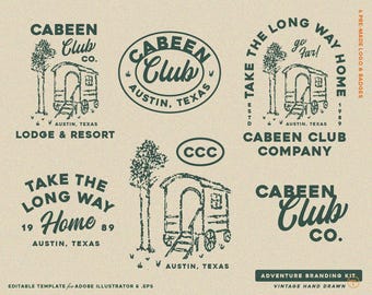 6 Hand Drawn Adventure, Outdoor, Mountain, Vintage Badge Editable Logo Design Template Branding Kit