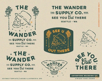 6 Hand Drawn Adventure, Outdoor, Mountain, Vintage Badge Editable Logo Design Template Branding Kit