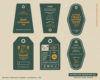 3 Vintage Hangtag Editable Design Template Branding Hand Drawn Adventure, Outdoor, Mountain, Forest