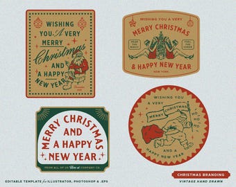 4 Christmas Vintage Editable Greetings Cards Design Templates