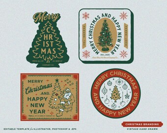 4 Christmas Vintage Greetings Cards Design Templates Postcards