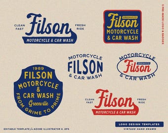 5 Kit di branding per modelli di logo modificabili per officina, personalizzazione e riparazione di motociclette, modelli personalizzati e badge vintage.