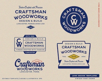 5 Kit di branding con modelli di design per logo modificabili per falegnameria, mobili su misura, servizi e badge vintage