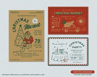 3 Christmas Vintage Editable Invitation Cards Design Templates