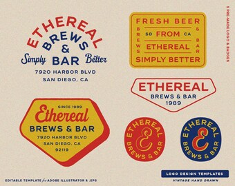 5 Kit di branding per negozio di birra, birrificio, azienda produttrice di birra, modello di logo modificabile con badge vintage