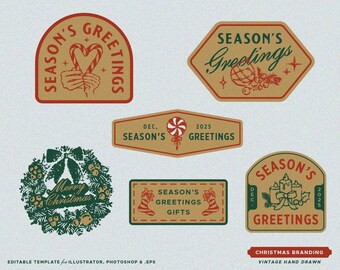 6 Christmas Vintage Editable Greetings Cards Design Templates