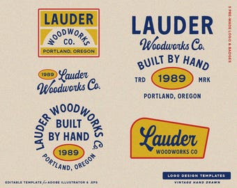 5 Kit di branding con modelli di logo modificabili per falegnameria, mobili su misura, servizi e badge vintage