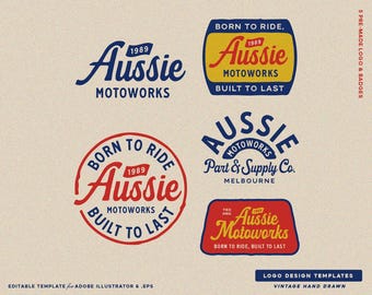 5 Kit di branding per modelli di logo modificabili per officina, personalizzazione e riparazione di motociclette, modelli personalizzati e badge vintage.