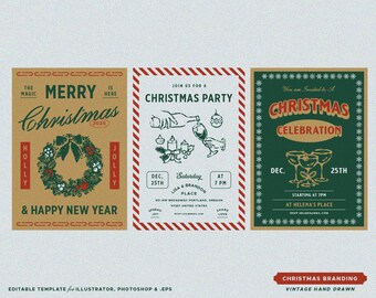 3 Christmas Vintage Editable Invitation Cards Design Templates